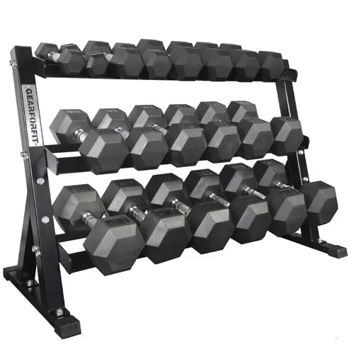 5-50 Rubber Hex Dumbbell Set and 3 Tier Rack Combo