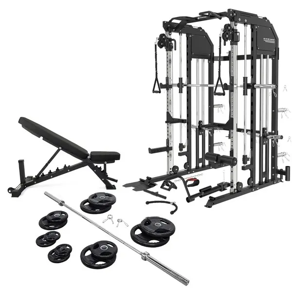 GF All-IN-ONE FUNCTIONAL SMITH TRAINER PREMIUM GF50  COMBO WITH 245LB PLATES BENCH BARBELL