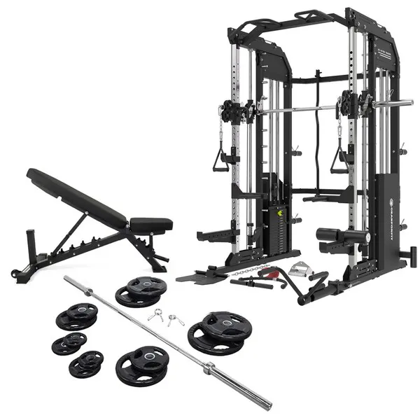 All-IN-ONE FUNCTIONAL SMITH TRAINER PREMIUM X6  COMBO WITH 245LB PLATES , BENCH AND BARBELL