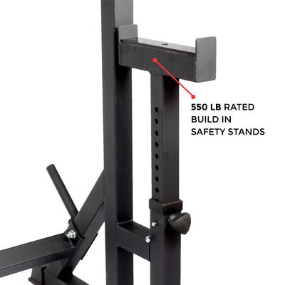 An image of squat & bench press rack with adjustable spotter